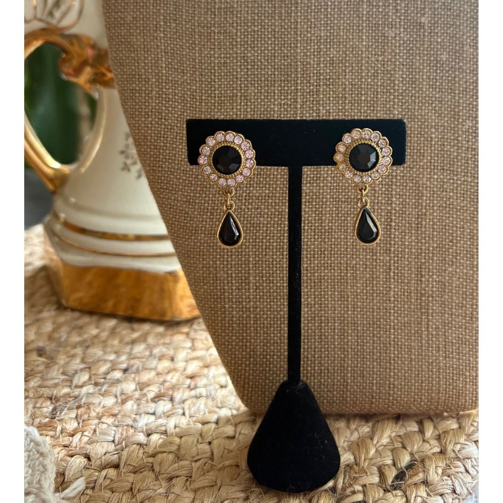 Vintage Black & Clear Rhinestone Clip-On Dangle Earrings